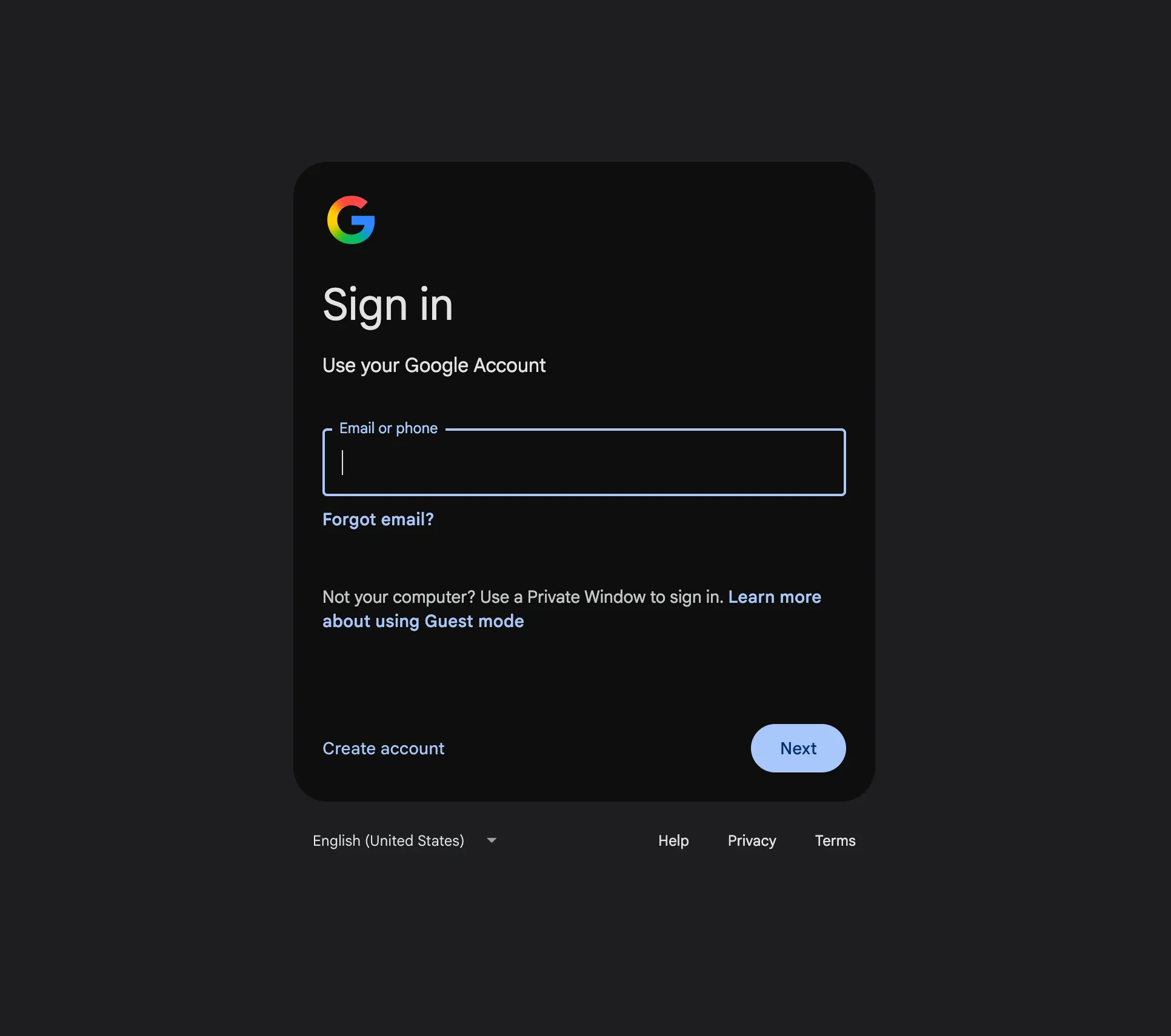 Google sign-in page showing only an email field and a Next button