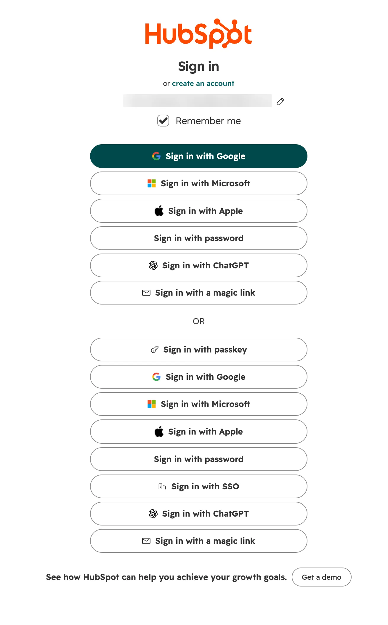 HubSpot sign-in page with over a dozen sign-in method buttons